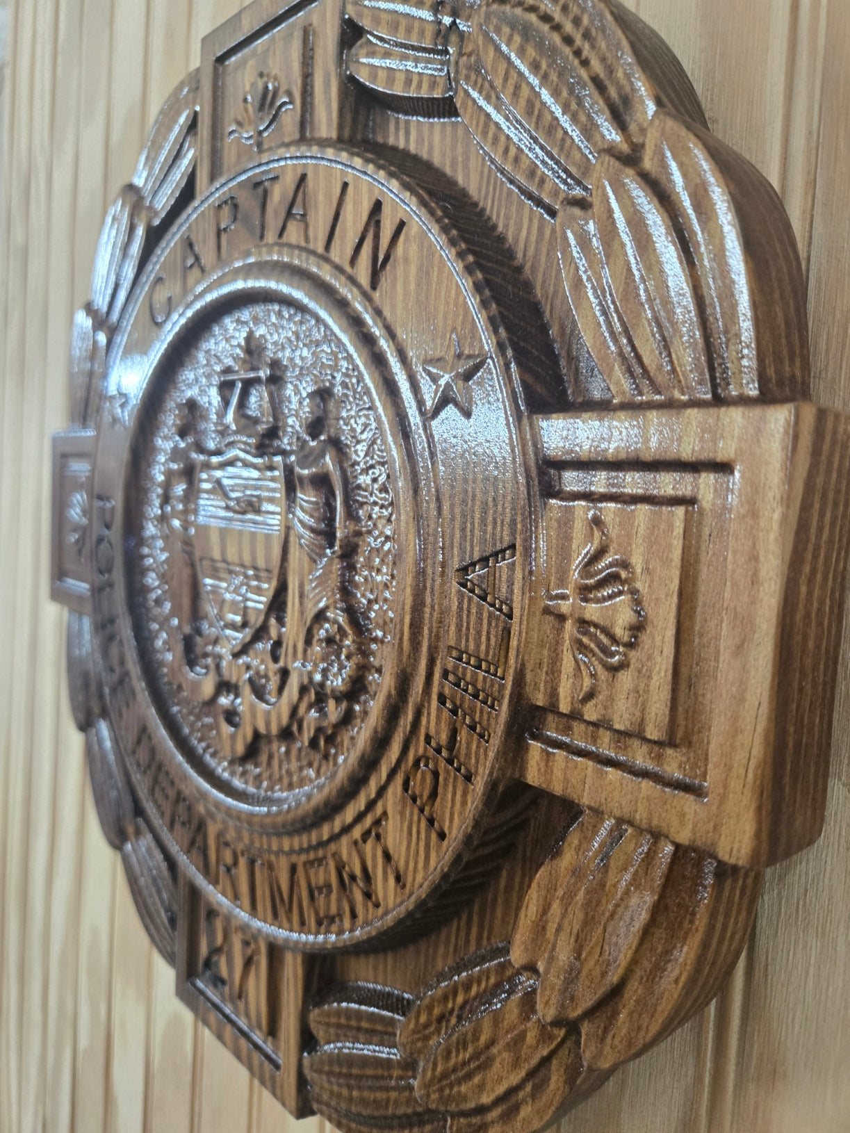 Personalized Philadelphia Police Captain Badge - V Carved Wood Sign