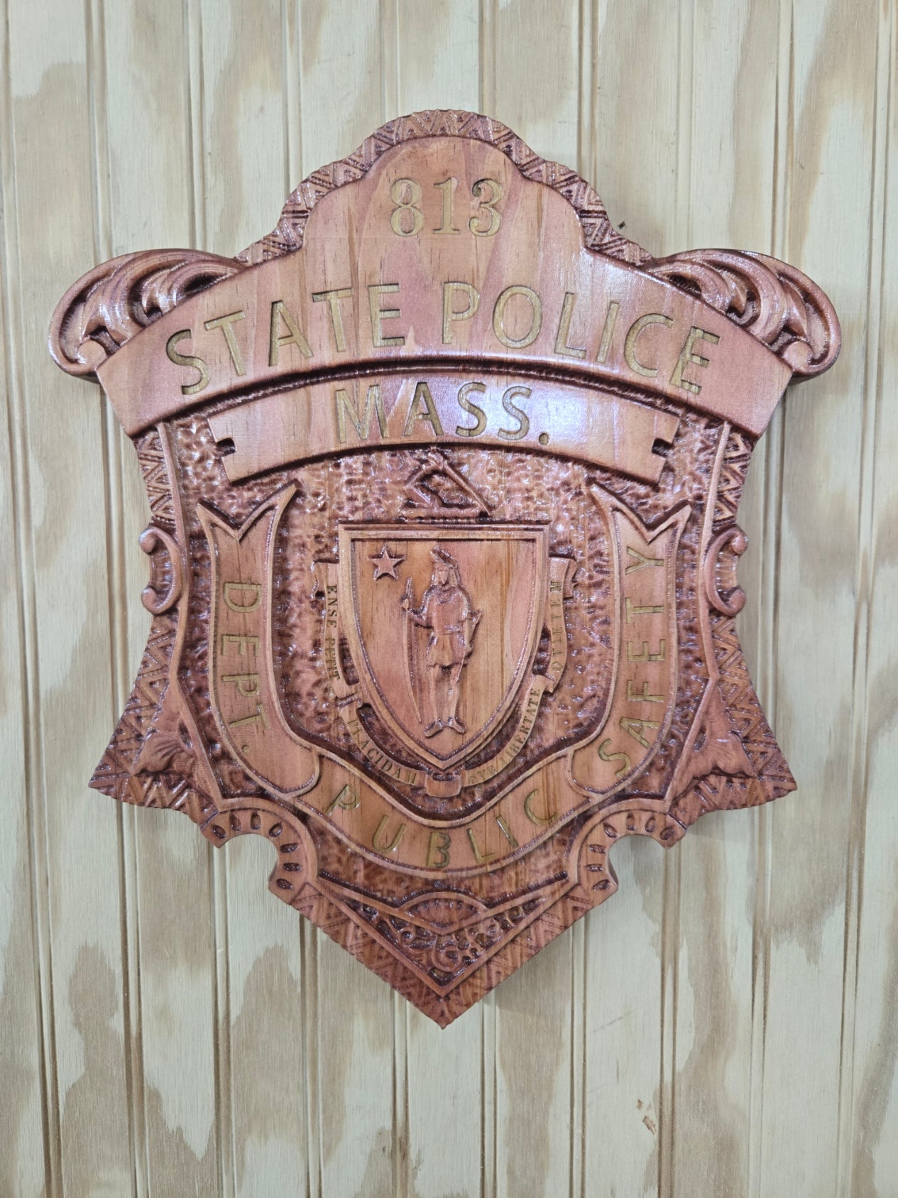 Personalized Massachusetts State Police Badge: V Carved Wood Sign