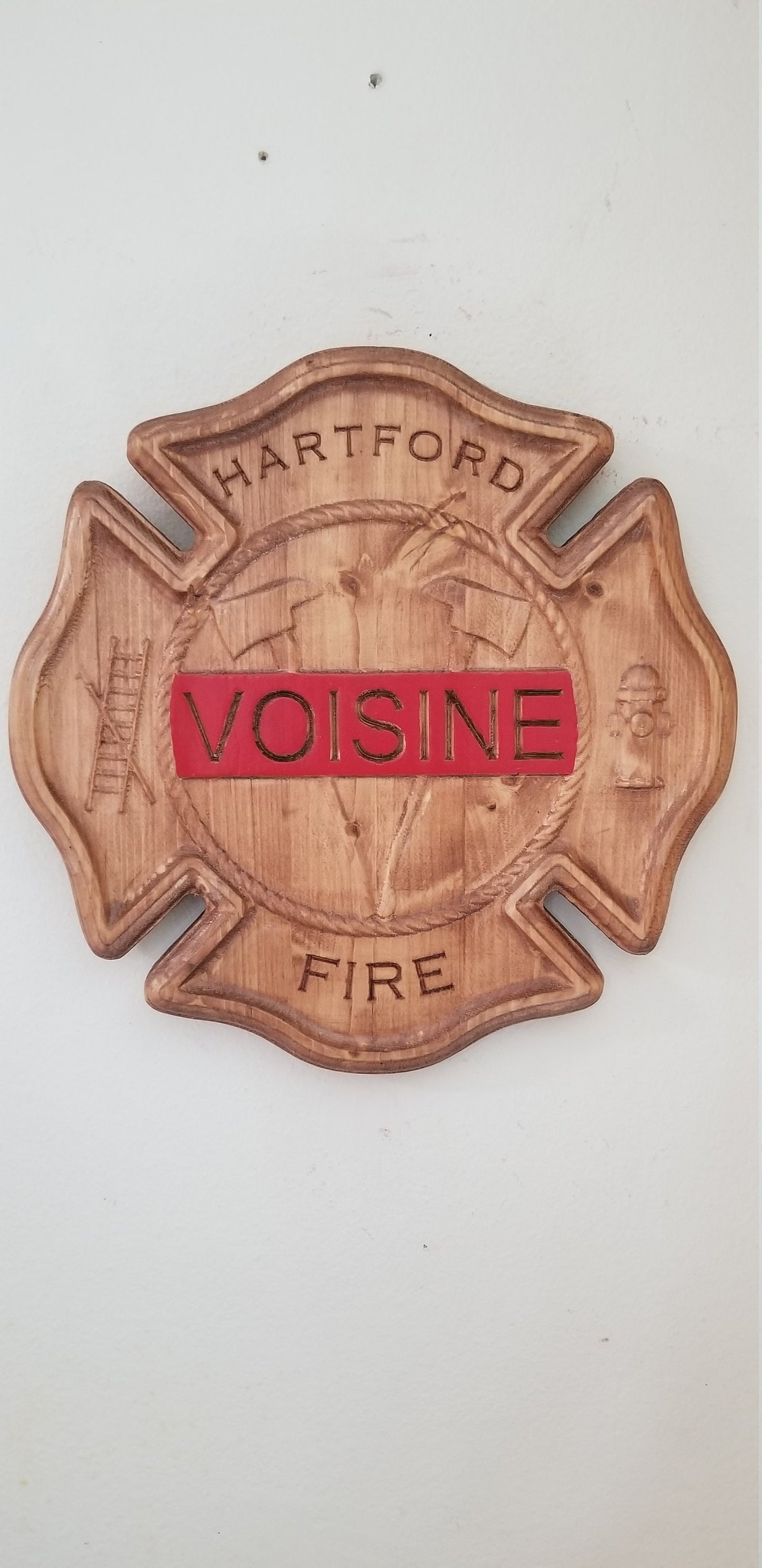 Personalized Thin Red Line Fire Dept Maltese Cross 3D V Carved Wood Sign