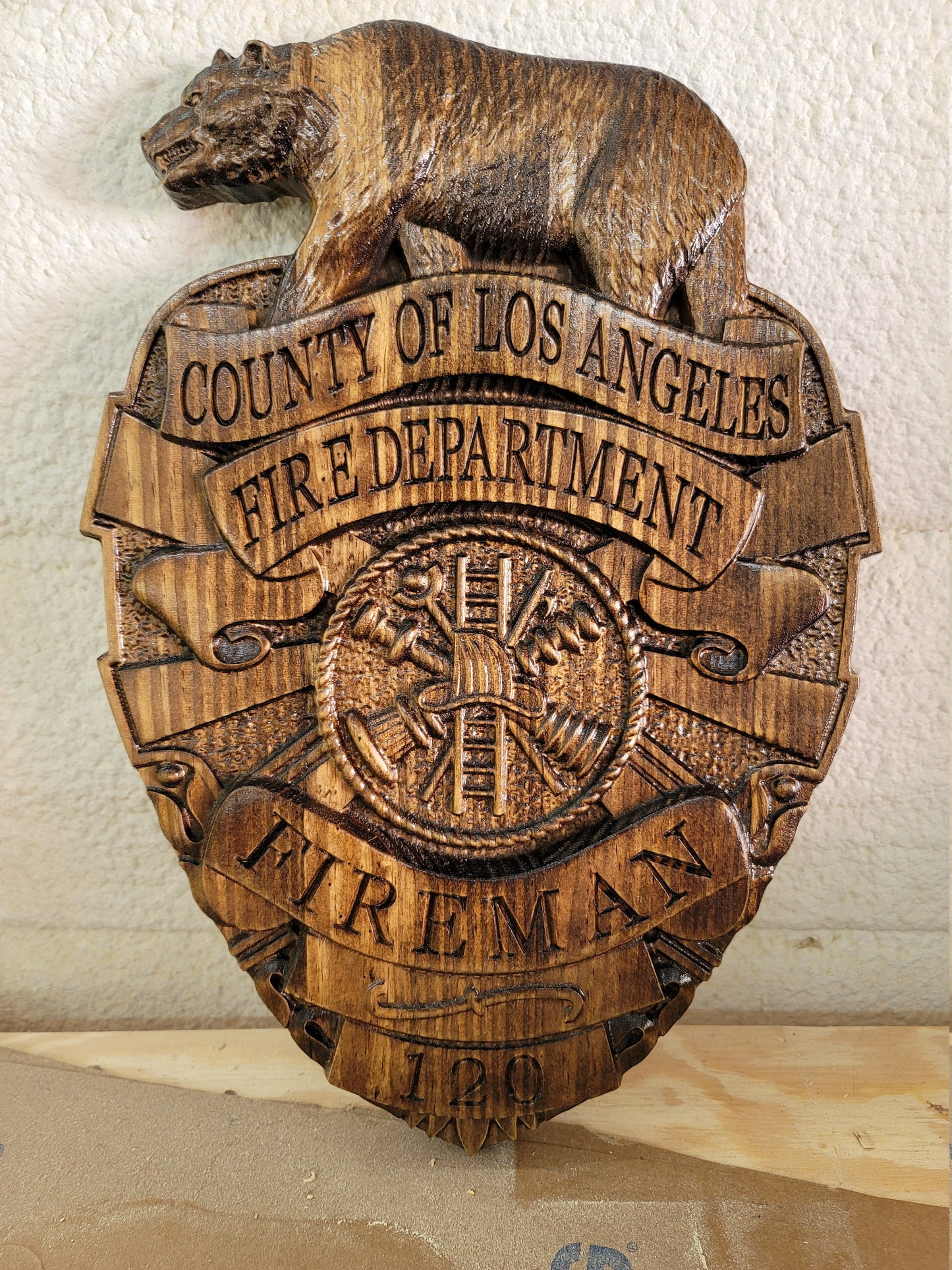LA County - Los Angeles County Personalized Fire Dept Badge 3D V Carved Wood Sign