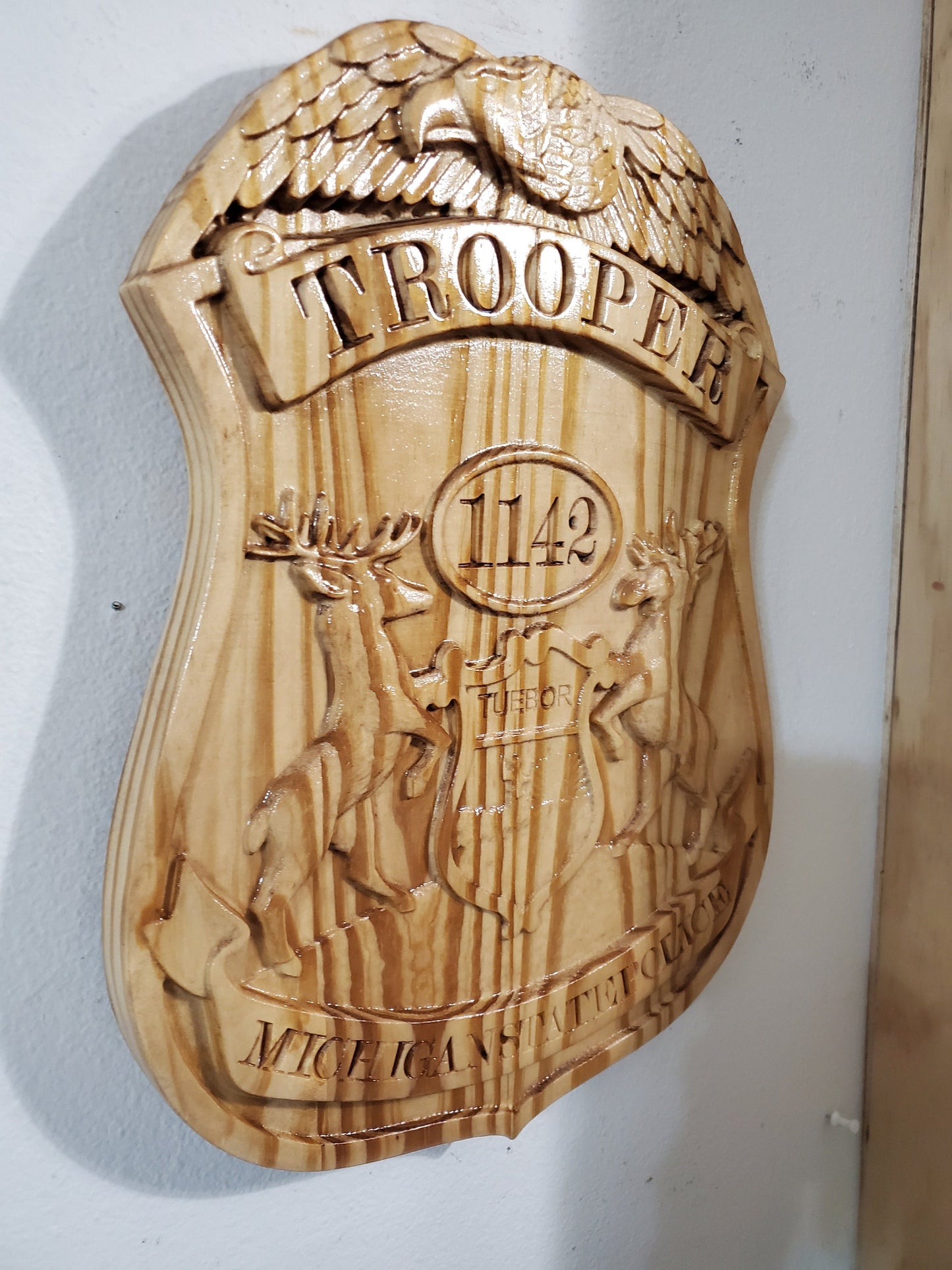 Personalized Michigan State Trooper Badge: 3D Carved Wood Sign