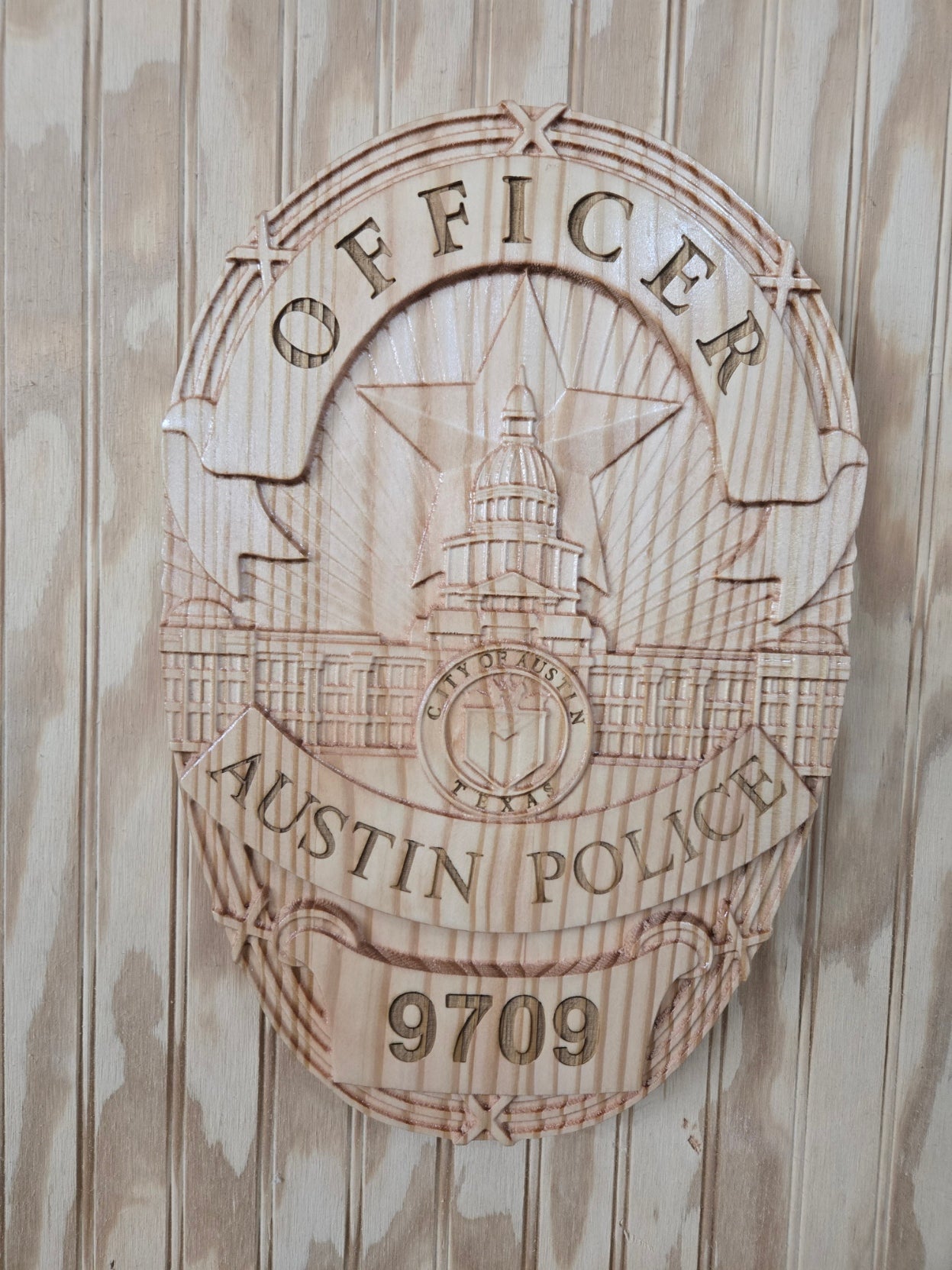 Personalized Austin Texas Police Badge: 3D Carved Wood Sign