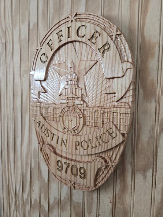 Personalized Austin Texas Police Badge: 3D Carved Wood Sign