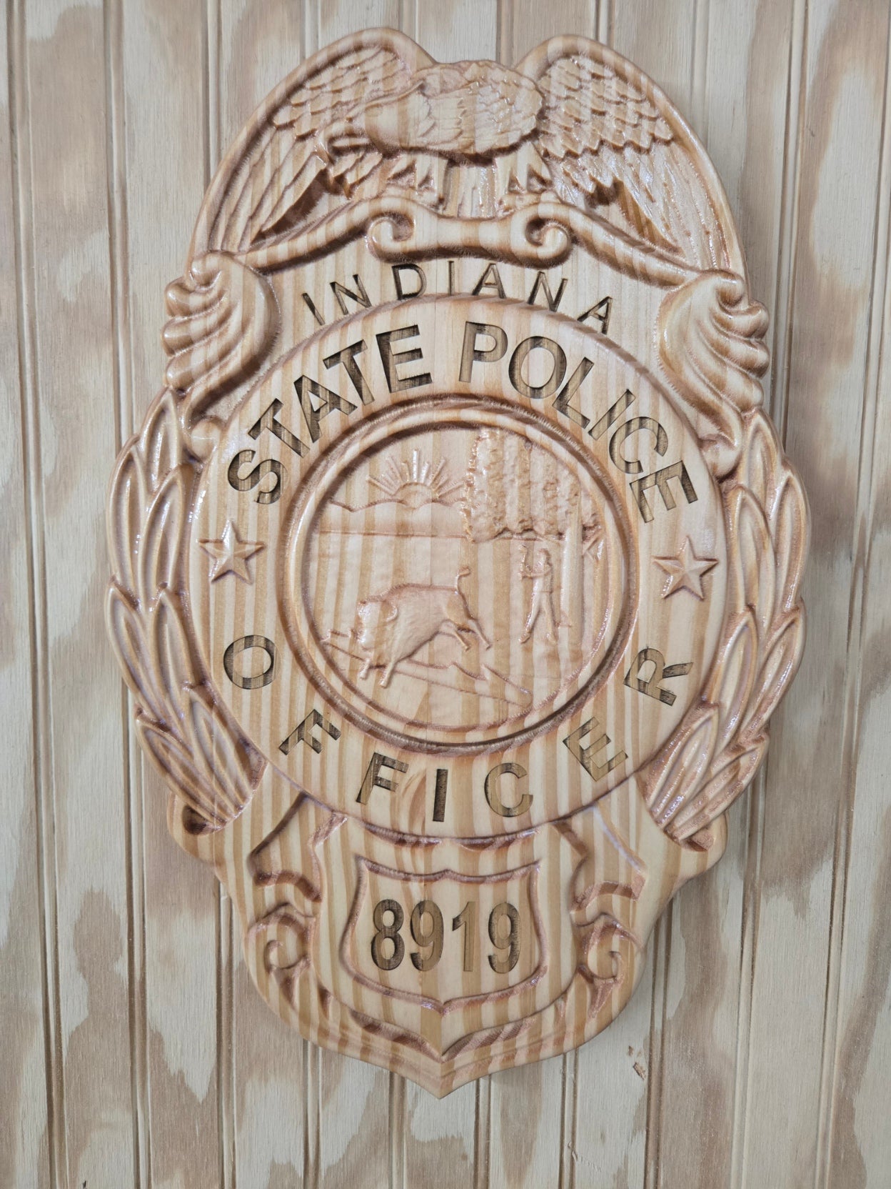 Personalized Indiana State Police Badge Wood Sign - V Carved