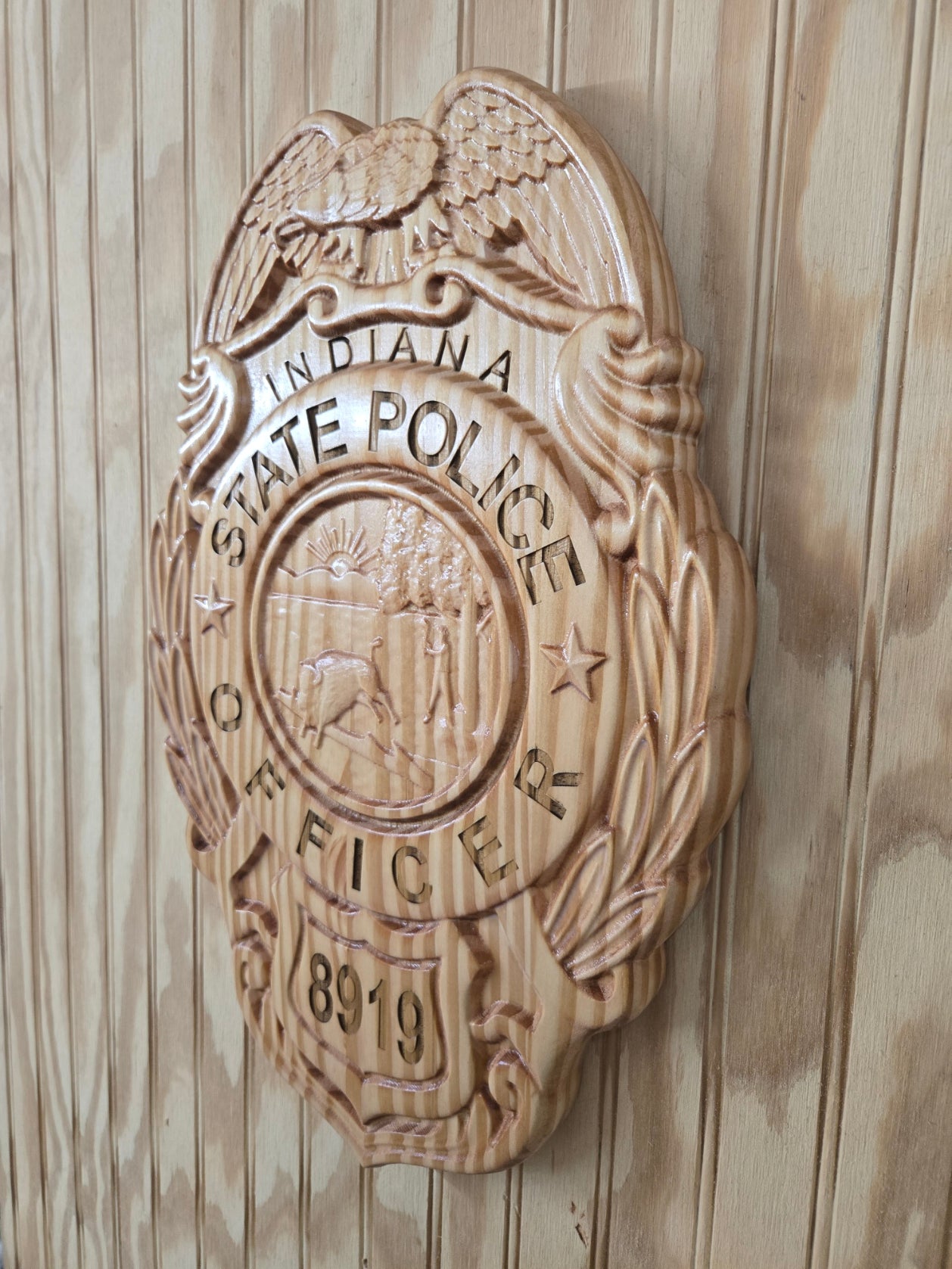 Personalized Indiana State Police Badge Wood Sign - V Carved