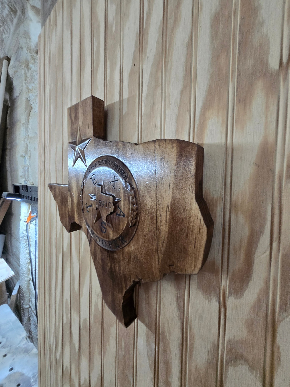 Personalized Texas Trooper Wood Sign: V Carved Police Badge