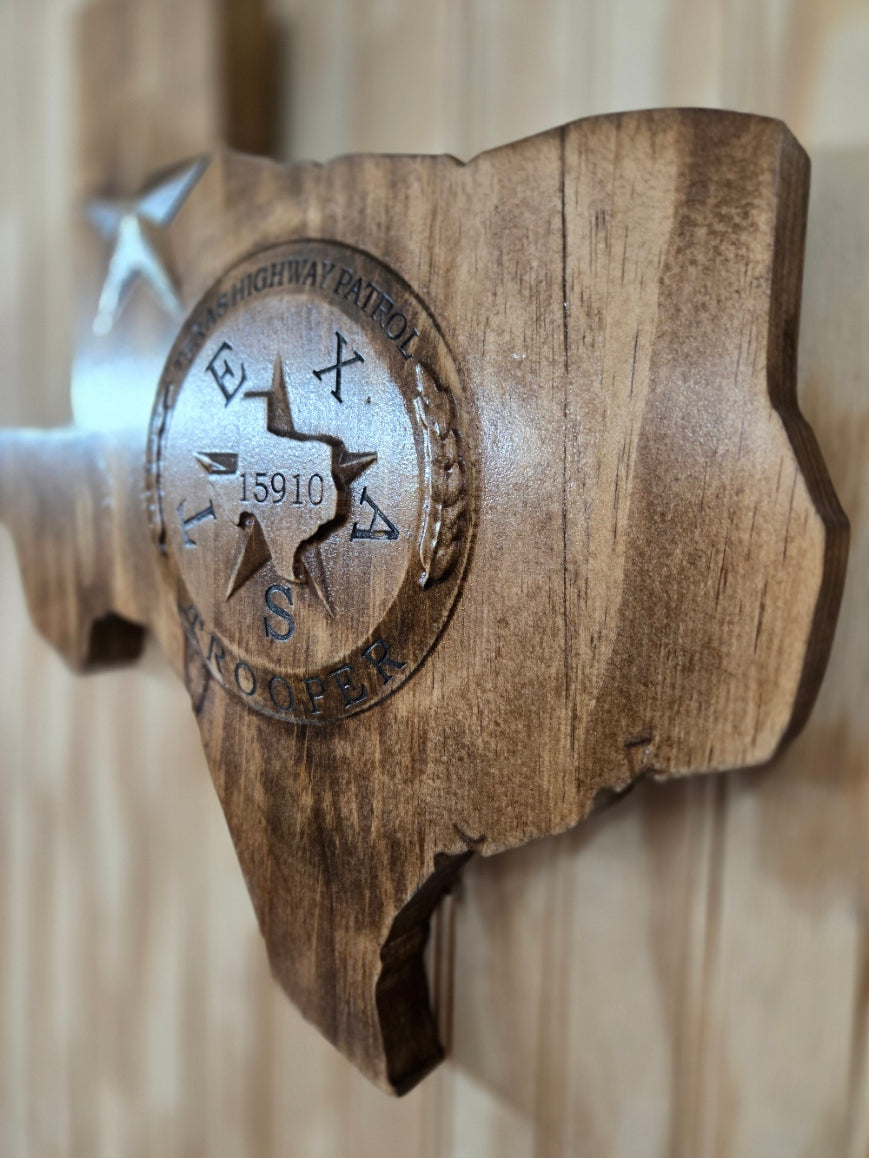 Personalized Texas Trooper Wood Sign: V Carved Police Badge