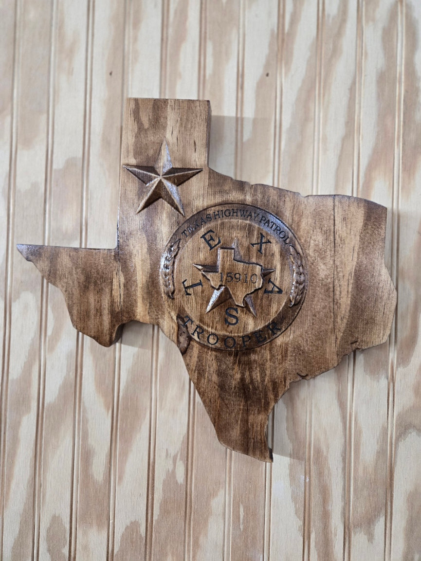 Personalized Texas Trooper Wood Sign: V Carved Police Badge