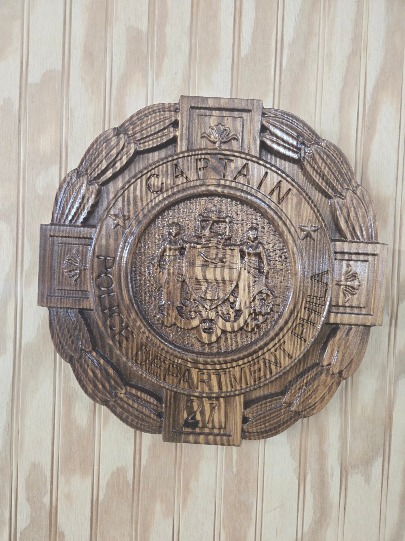 Personalized Philadelphia Police Captain Badge - V Carved Wood Sign