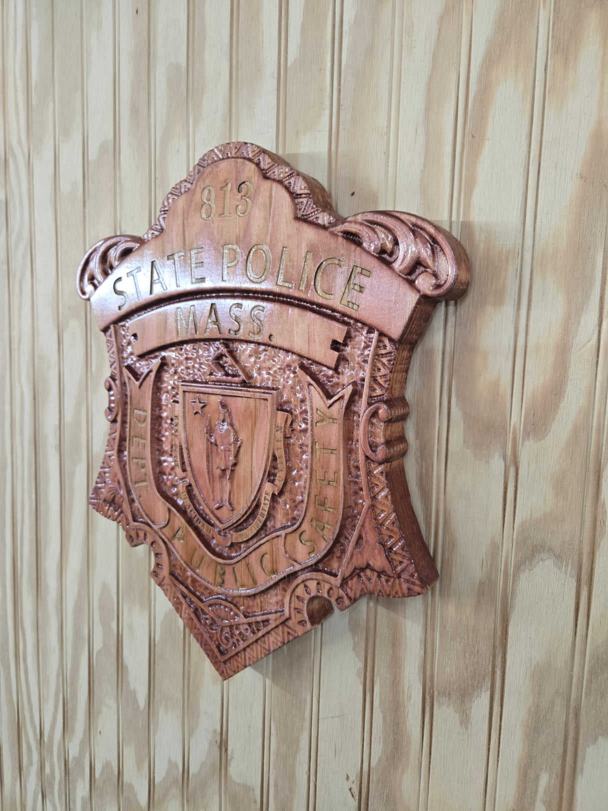 Personalized Massachusetts State Police Badge: V Carved Wood Sign