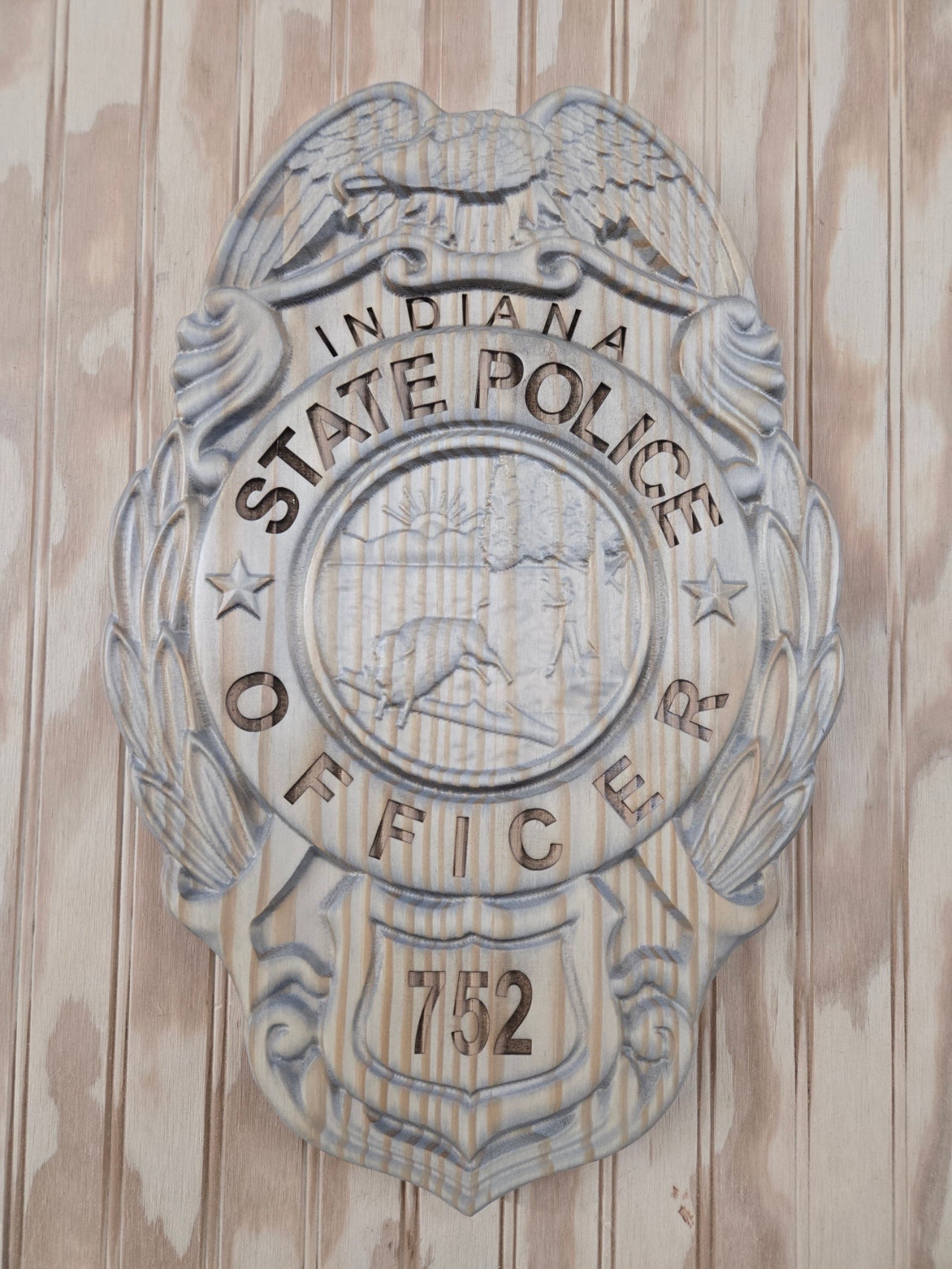 Personalized Indiana State Police Badge Wood Sign - V Carved