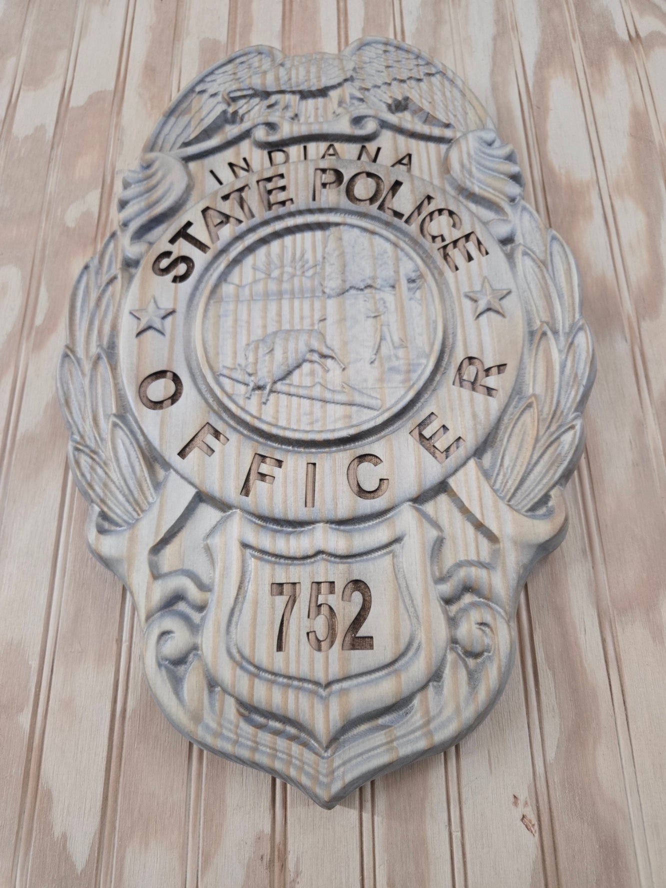 Personalized Indiana State Police Badge Wood Sign - V Carved