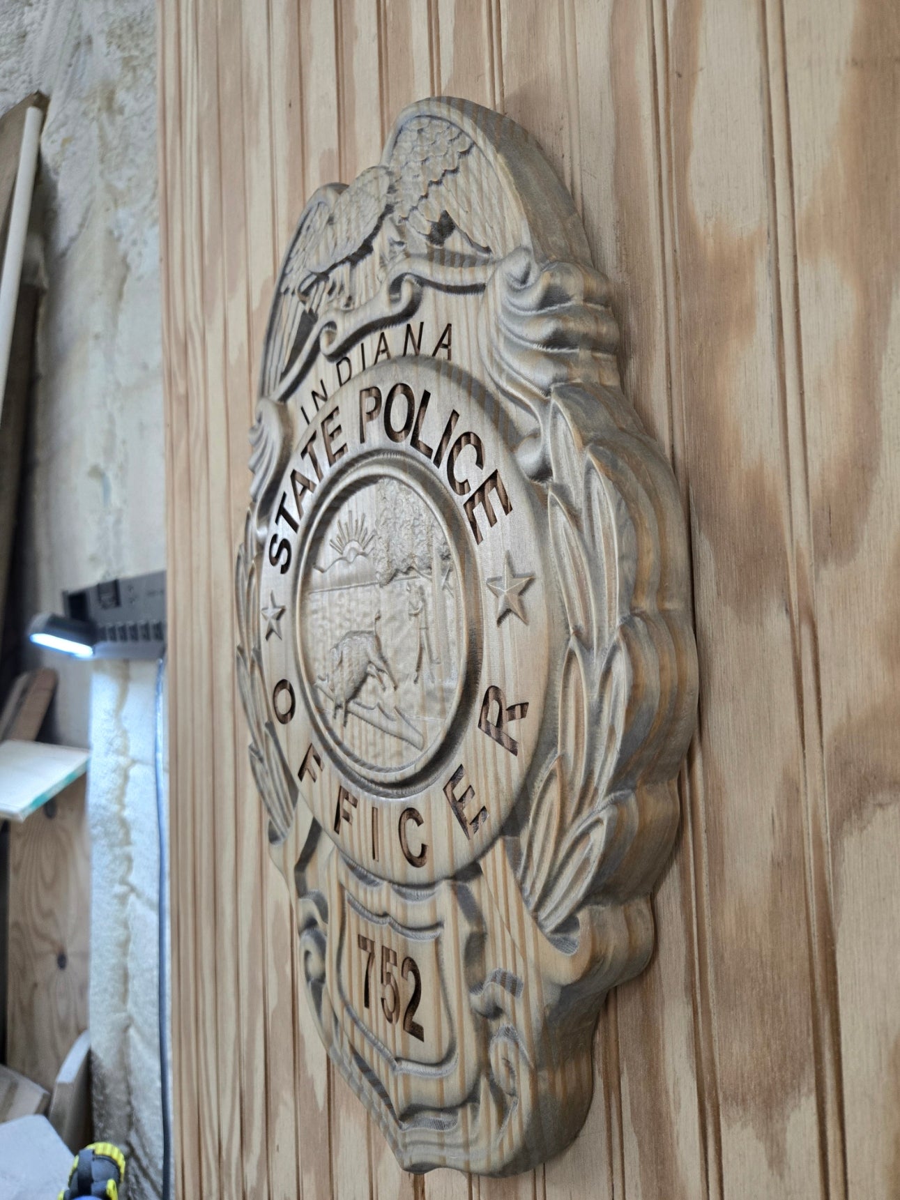 Personalized Indiana State Police Badge Wood Sign - V Carved
