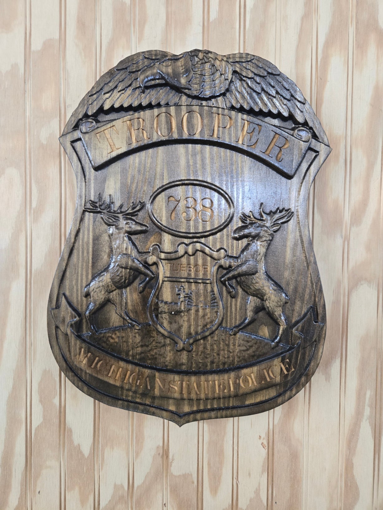 Personalized Michigan State Trooper Badge: 3D Carved Wood Sign