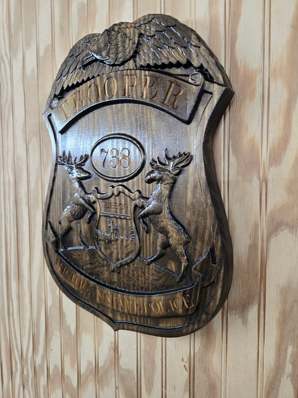 Personalized Michigan State Trooper Badge: 3D Carved Wood Sign
