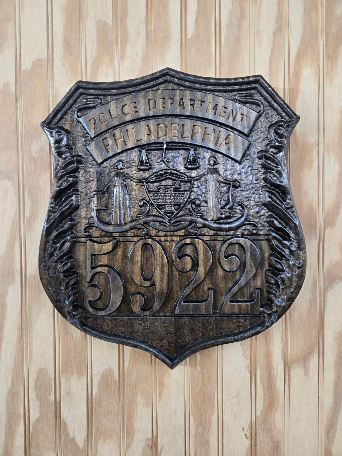 Personalized Philadelphia Police Badge: Carved Wood Sign