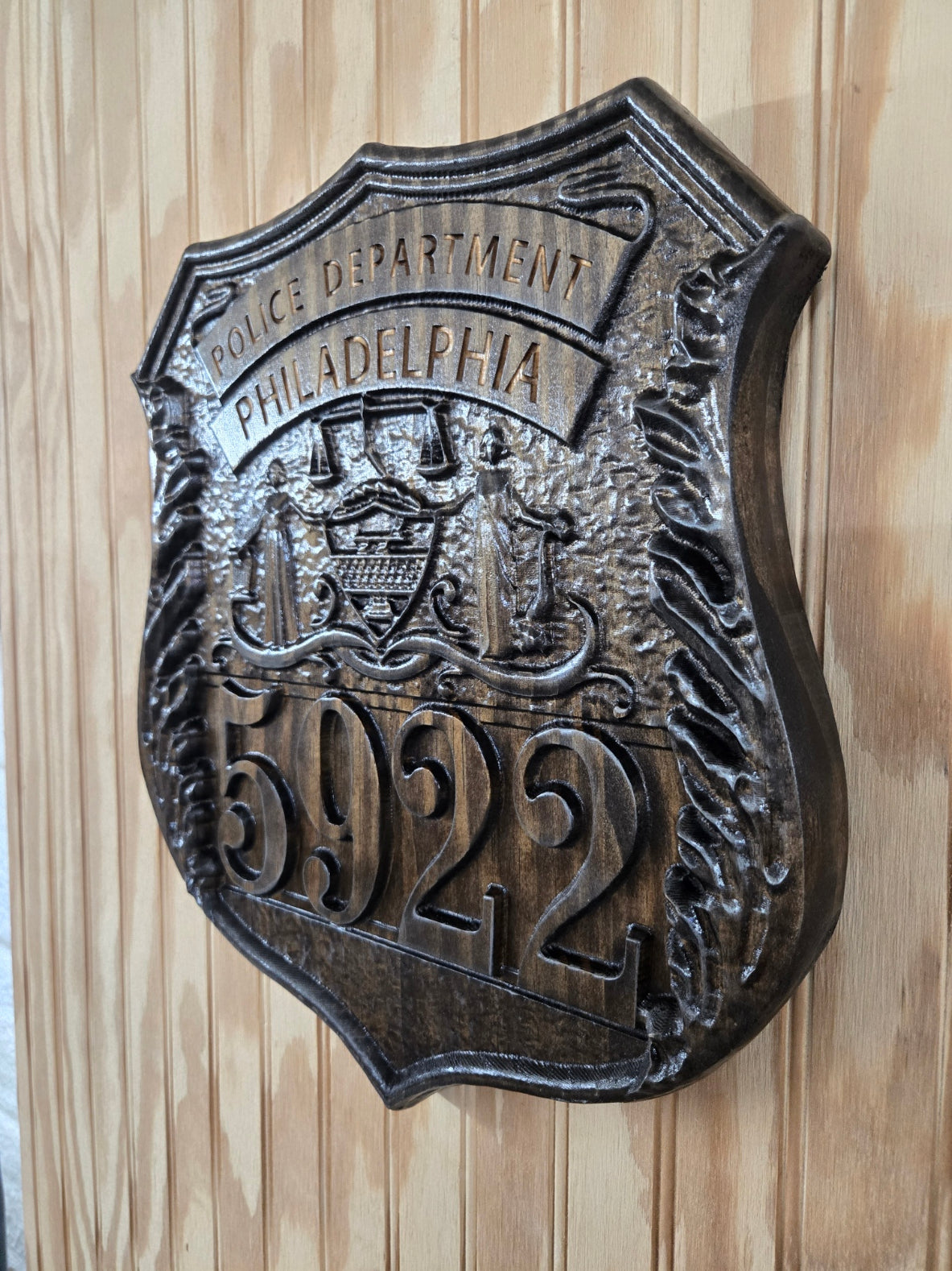 Personalized Philadelphia Police Badge: Carved Wood Sign