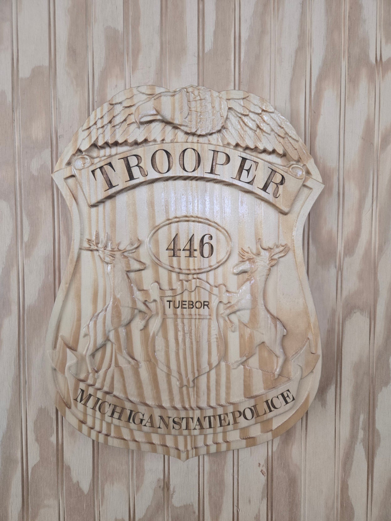 Personalized Michigan State Trooper Badge: 3D Carved Wood Sign