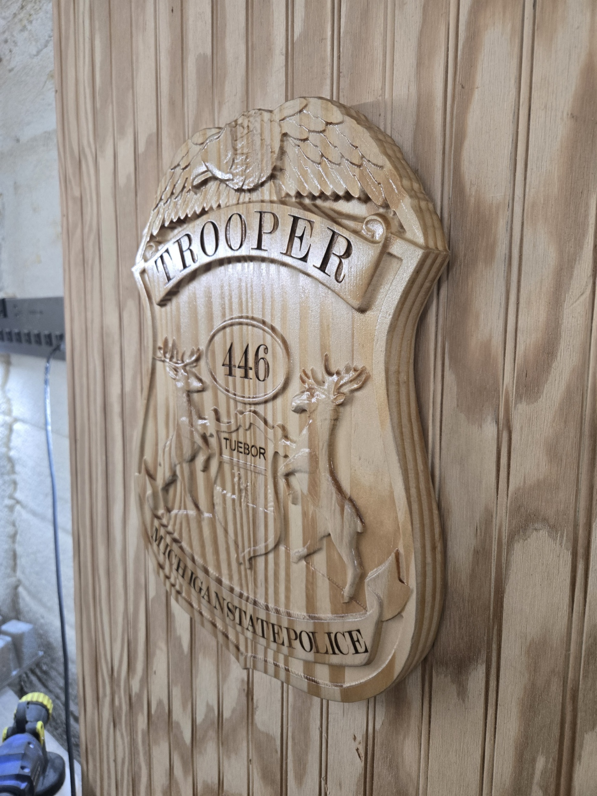 Personalized Michigan State Trooper Badge: 3D Carved Wood Sign