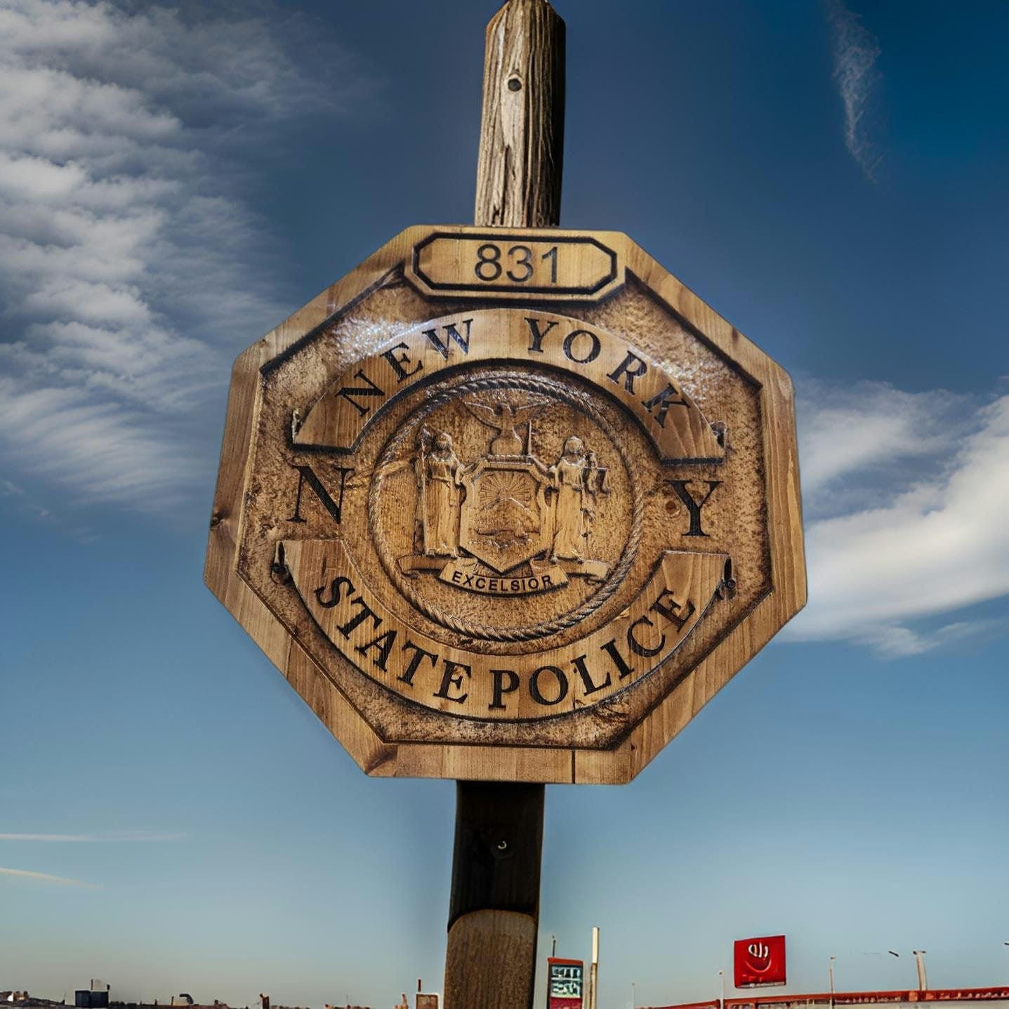 Personalized New York State Police Badge: 3D Carved Wood Sign