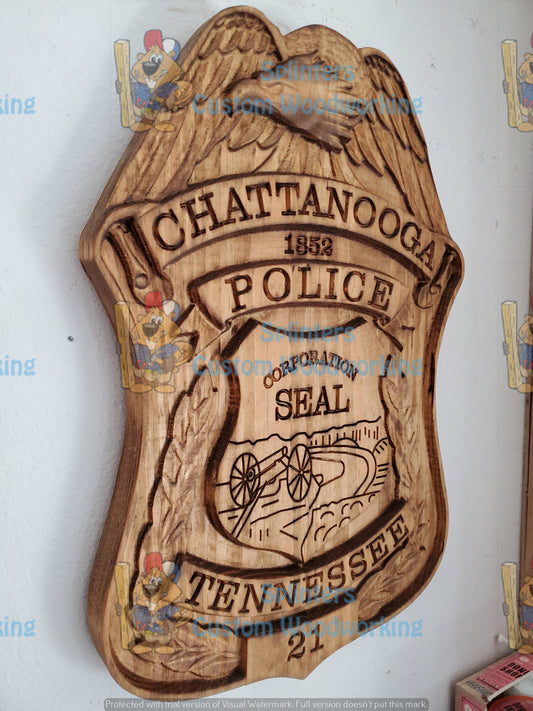 Personalized Chattanooga Police Badge: 3D Carved Wooden Sign
