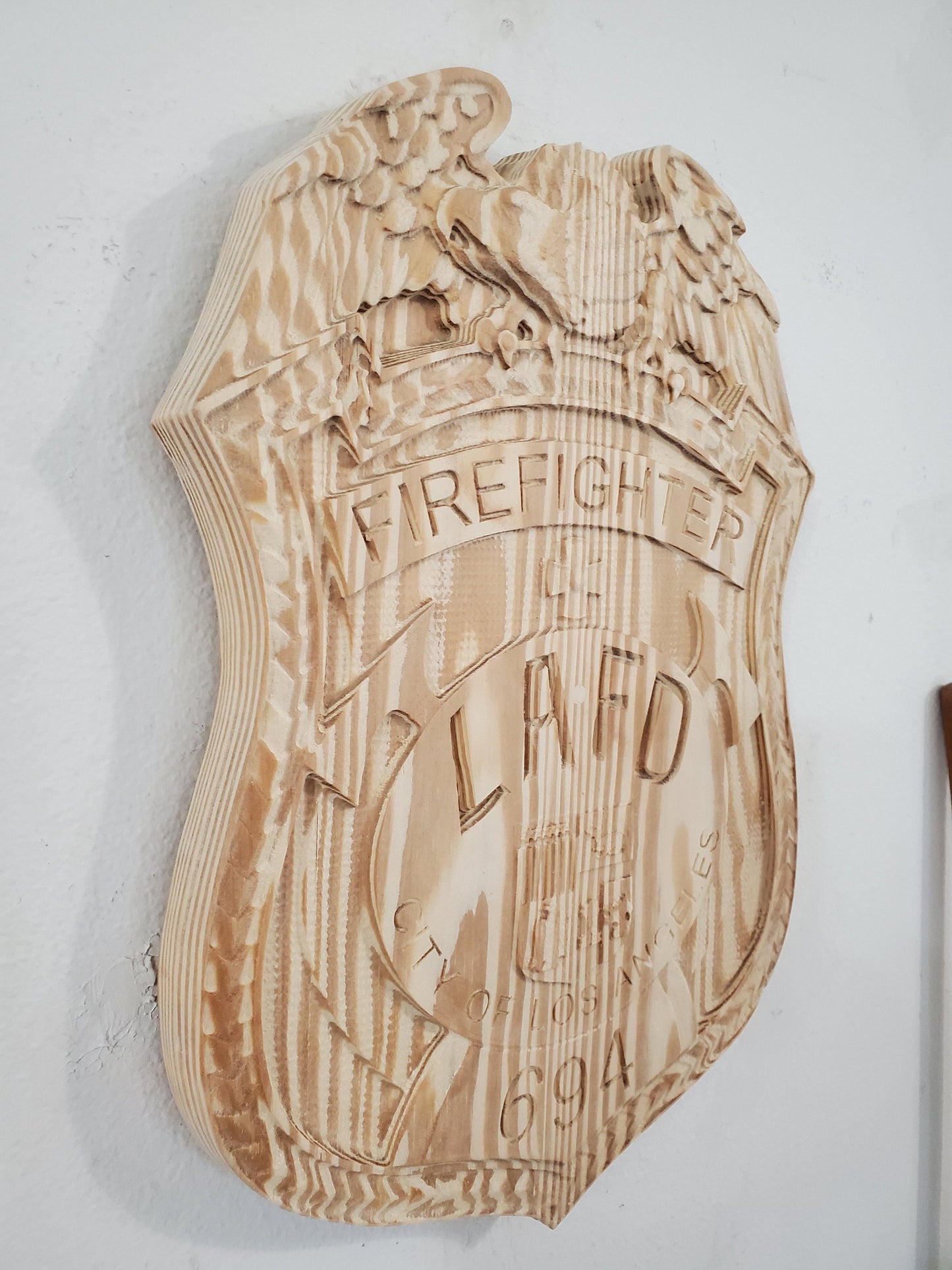 Personalized LAFD Firefighter Badge: 3D Carved Wooden Sign