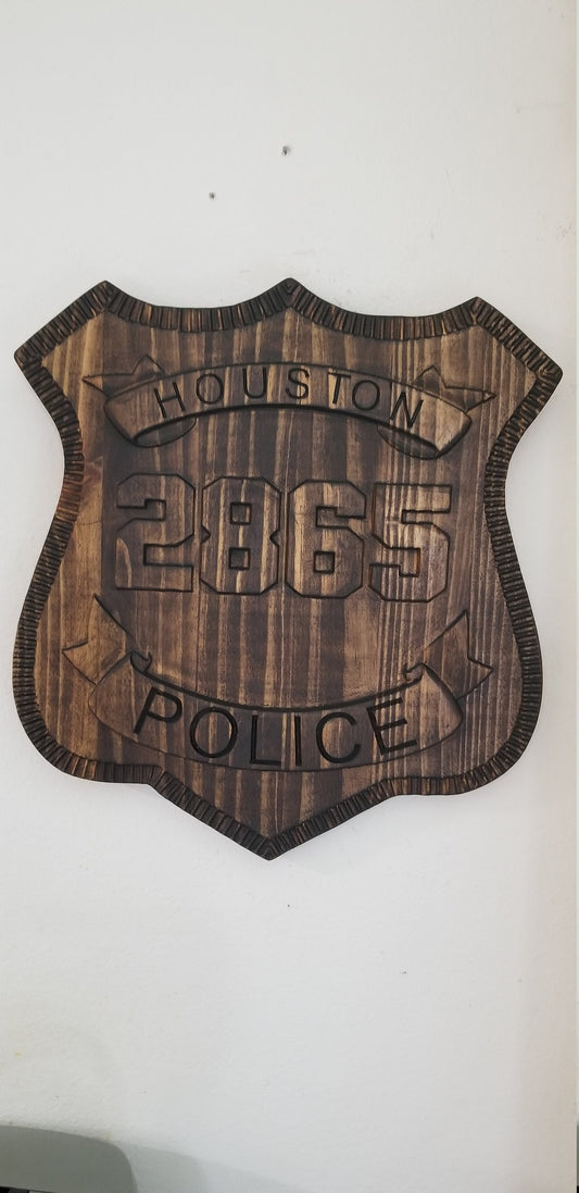 Custom Houston Police Badge: Personalized Carved Wood Sign