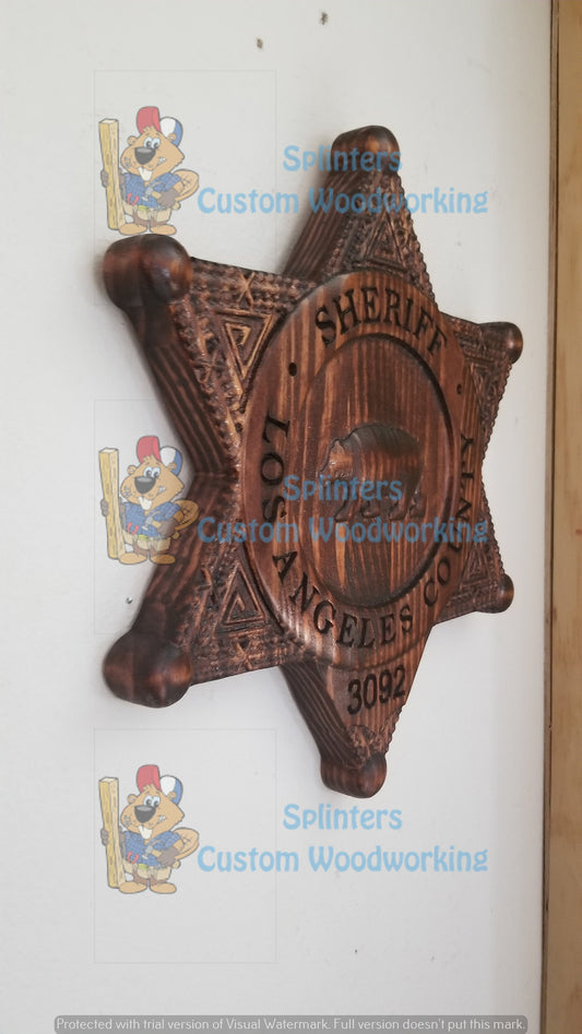 Personalized Los Angeles Sheriff Badge 3D V Carved Wood Sign