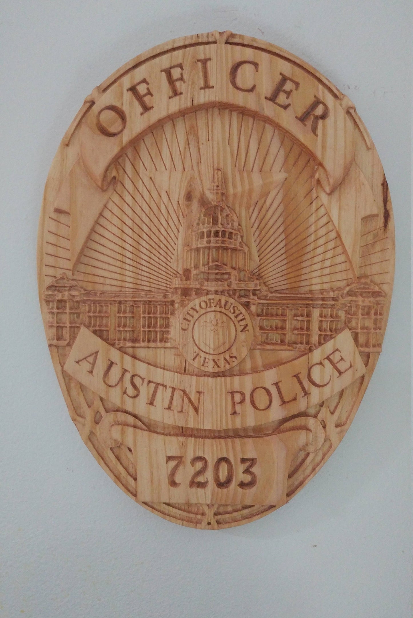 Personalized Austin Texas Police Badge: 3D Carved Wood Sign