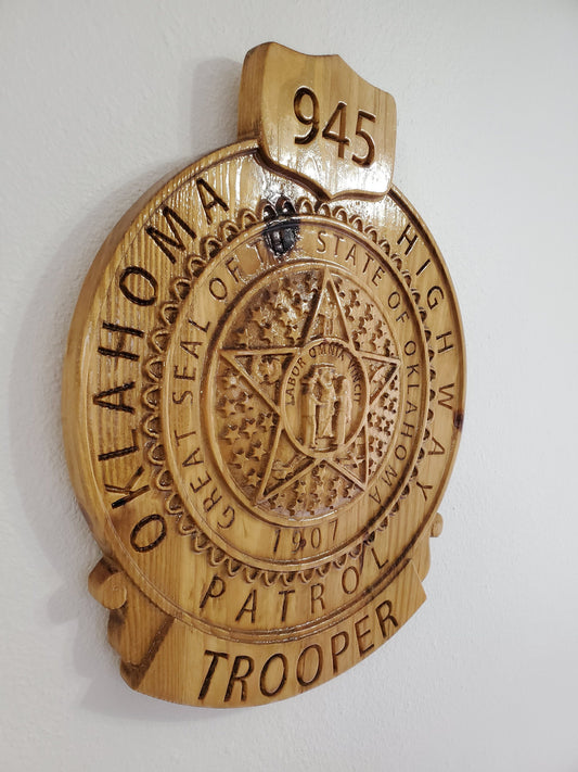 Custom Oklahoma Highway Patrol Badge: Personalized Carved Wood Sign