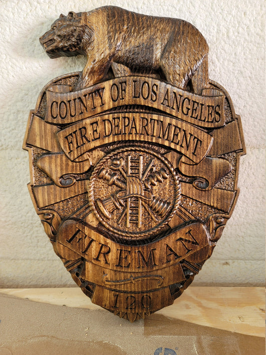 LA County - Los Angeles County Personalized Fire Dept Badge 3D V Carved Wood Sign