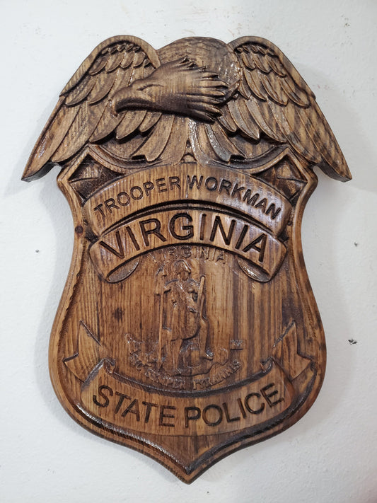 Personalized Virginia State Trooper Badge: 3D Carved Wooden Sign