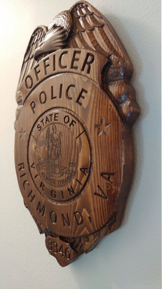 Personalized Richmond Police Badge: 3D Carved Wooden Sign